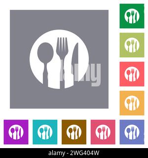 Tableware set solid flat icons on simple color square backgrounds Stock Vector