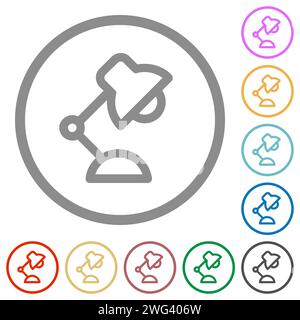 Desk lamp outline flat color icons in round outlines on white background Stock Vector