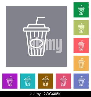 Disposable cup with straw outline flat icons on simple color square backgrounds Stock Vector