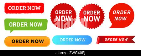 Order now transaction call to action button ribbon label sticker commerce design set collection Stock Vector