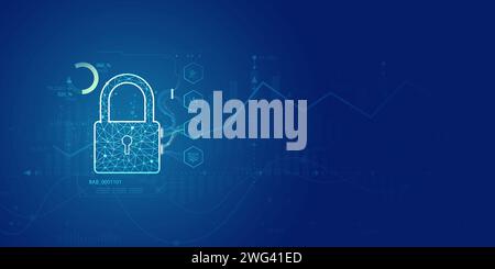 Futuristic blue shield ethics and Security abstract technology background. Artificial intelligence digital transformation and Business quantum interne Stock Photo