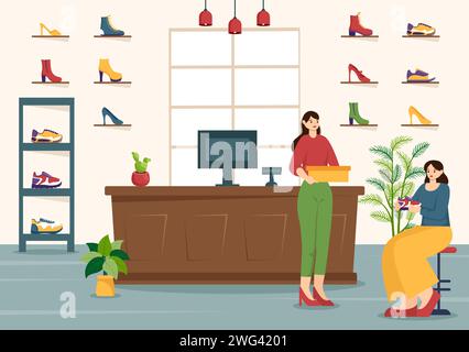Shoe Store Vector Illustration with New Collection Men or Women Various Models or Colors of Sneakers and High Heels in Flat Cartoon Background Stock Vector