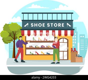 Shoe Store Vector Illustration with New Collection Men or Women Various Models or Colors of Sneakers and High Heels in Flat Cartoon Background Stock Vector