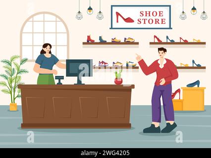 Shoe Store Vector Illustration with New Collection Men or Women Various Models or Colors of Sneakers and High Heels in Flat Cartoon Background Stock Vector