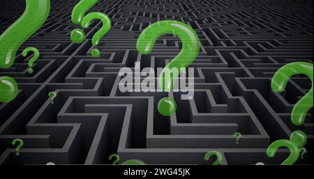 Image of green question marks floating over grey maze Stock Photo