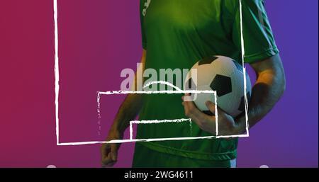 Image of caucasian male soccer player over stadium drawing Stock Photo