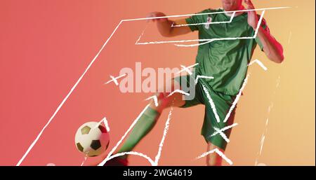 Image of caucasian male soccer player over stadium drawing Stock Photo