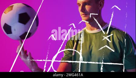 Image of caucasian male soccer player over stadium drawing Stock Photo