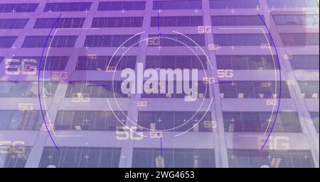 Image of 5g text, scope scanning and data processing over modern building Stock Photo