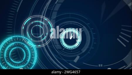 Image of scope scanning, clock moving fast and data processing over digital screen Stock Photo