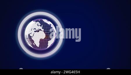 Image of scope scanning and globe spinning on blue background Stock Photo