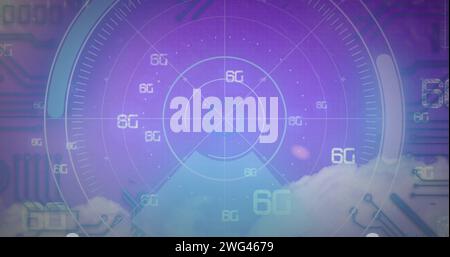 Image of 6g text, scopes scanning and data processing over digital screen Stock Photo