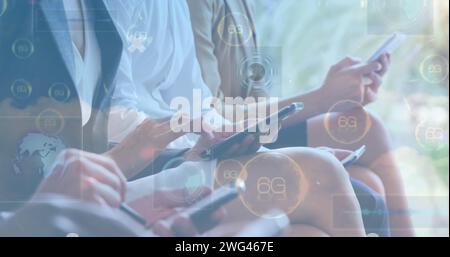 Image of 6g text, scopes scanning and business people using electronic devices Stock Photo