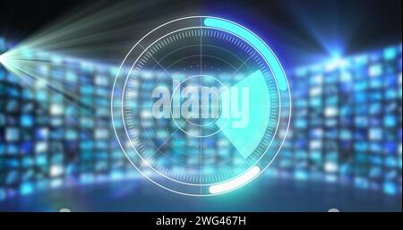 Image of scopes scanning and data processing over rows of digital screens Stock Photo