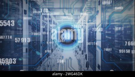 Image of scope scanning numbers changing over tech room with computer servers Stock Photo