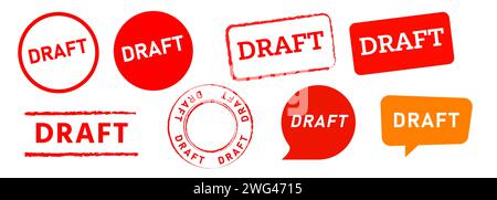 Draft stamp red rubber circle and square speech bubble sign unfinished progress Stock Vector