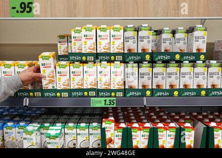Vegan plant-based milks in a store Stock Photo