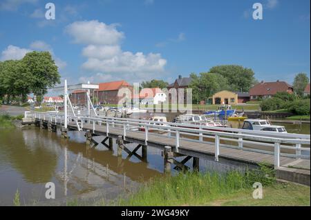 Bridge in Harbor of Tönning at Eider River in North Frisia,Eiderstedt Peninsula, Germany Stock Photo