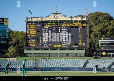Adelaide, Australia, February 3rd 2024: A view of the Adelaide Oval scoreboard during the first One Day International game of the CommBank ODI International Series between Australia and South Africa at the Adelaide Oval in Adelaide, Australia  (Noe Llamas / SPP) Stock Photo