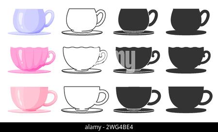 Porcelain coffee tea cup mug glass on saucer colorful black line silhouette stamp flat set. Editable line stroke print shape shell drinkware party breakfast kitchen collection container icon isolated Stock Vector
