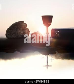 The Holy Communion symbolizing the holy blood and flesh of Jesus Christ, the Last Supper, bread, wine, and death on the cross, Passion Week, Easter Stock Photo