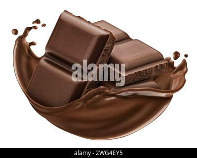 Chocolate pieces with chocolate splash isolated on white background with clipping path Stock Photo