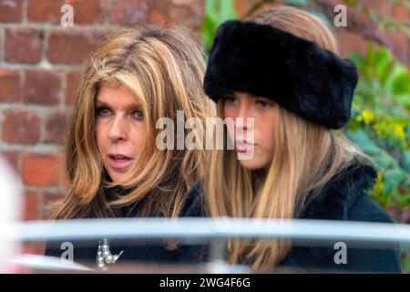 Pic shows: Derek Draper funeral 2.2.24 wife Kate Garraway  seen here leaving the service with daughter Darcey who also carried the coffin at one point Stock Photo