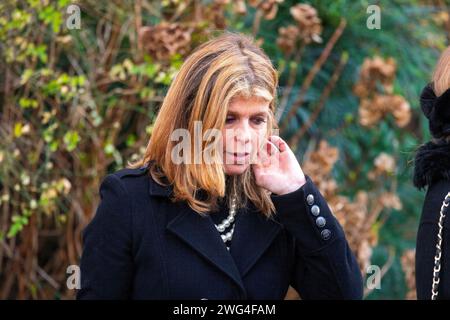 Pic shows: Derek Draper funeral 2.2.24 wife Kate Garraway  seen here leaving the service with daughter Darcey who also carried the coffin at one point Stock Photo