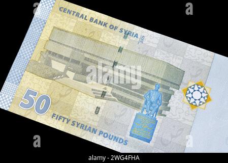 Reverse of 50 Pounds banknote printed by Syria, that shows Library of Hafiz Al Assad in Damascus, statue of Hafiz Al Assad Stock Photo