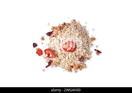 A heap of muesli and dried fruits on white background. Stock Photo