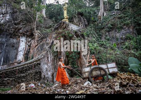 Young monks pick up leaves at the Wat Tham Pla Temple. Wat Tham Pla (Cave Fish Temple) is also referred to as the 'Monkey Temple' for Thai locals, located 16 kilometers from Mae Sai, the northernmost city of Thailand. Stock Photo