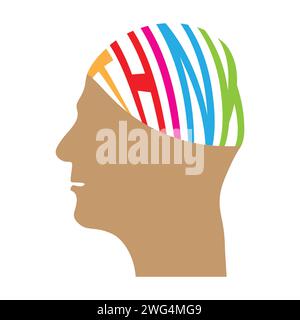 human head with colorful think text in brain, Thinking process, conceptual vector illustration Stock Vector