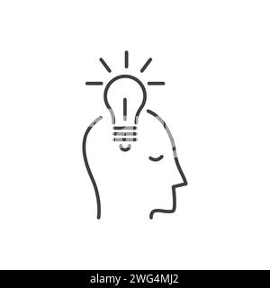 Head with light bulb. Vector outline icon. Vector creative imagination brainstorming or generating new idea isolated. Concept of innovation, solution Stock Vector