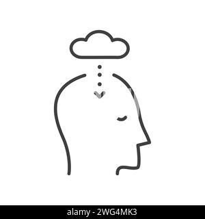 Vector outline icon of head with cloud storage and arrow. Machine Learning, Artificial Intelligence, Cloud Computing and Networks Design Concept. Seas Stock Vector