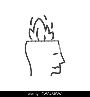Human head in fire vector outline icon in doodle style. Man or woman feeling stress at work, anger. Concept of emotional expression of burnout or anno Stock Vector