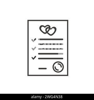 Marriage contract outline icon. Prenup signed certificate. Prenuptial agreement form with check marks, two hearts and notary stamp. Marital document. Stock Vector