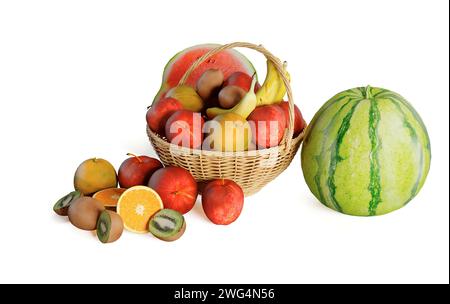 A 3D rendering of fruits in a basket on a white background Stock Photo