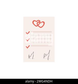 Marriage contract flat style colored icon. Prenup signed certificate. Prenuptial agreement form with check marks, two hearts and signature. Divorce do Stock Vector