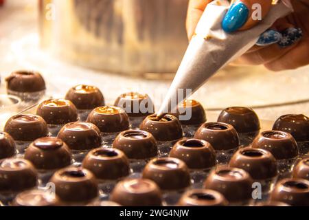 Chocolate and pralines in praline molds, DIY chocolate made at home in Vienna Stock Photo