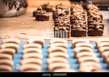 Chocolate and pralines in praline molds, DIY chocolate made at home in Vienna Stock Photo