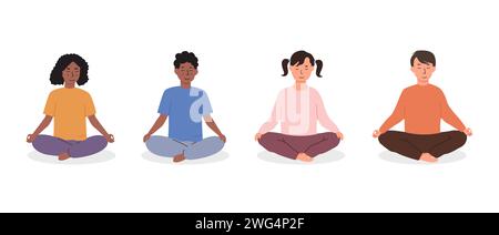 Diverse kids meditating. Children doing yoga exercise. Meditation lesson in kindergarten concept. Set of different race young female and male characte Stock Vector