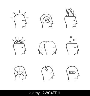 Collection of head signs with different mental and emotional state. Healthcare and medical therapy concept vector outline icons set. Mental health dis Stock Vector