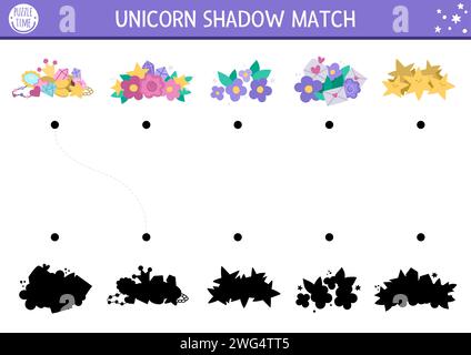 Unicorn shadow matching activity with treasures. Magic world puzzle with cute gem stone, crystal, flower, fallen stars. Find correct silhouette printa Stock Vector
