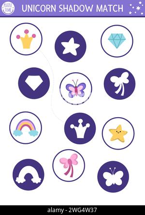 Unicorn shadow matching activity with rainbow, star, butterfly, crystal. Magic world puzzle with cute objects. Find correct silhouette printable works Stock Vector