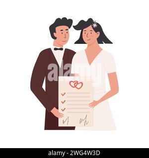 A groom and bride holding signed marriage contract. Happy married couple with prenup document. Newlywed with prenuptial agreement and marriage certifi Stock Vector