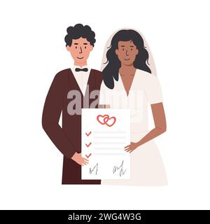 A groom and bride holding signed marriage contract. Interracial married couple with prenup document. Newlywed with prenuptial agreement and marriage c Stock Vector