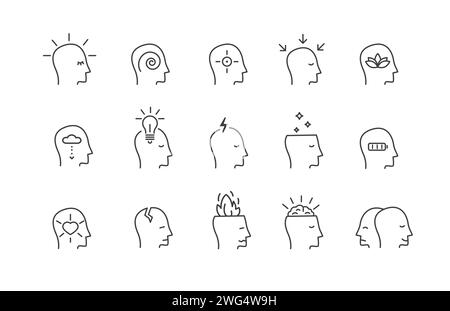 Set of head icons with different emotional state. Mental health problems and medical therapy. Concept of psychotherapy, psychological disorders. Vecto Stock Vector