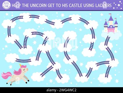 Unicorn maze for kids with sky, rainbow. Magic world preschool printable activity. Simple fairytale labyrinth game or puzzle. Help the pony get to cas Stock Vector