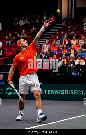 Groningen, Netherlands. 02nd Feb, 2024. GRONINGEN, NETHERLANDS - FEBRUARY 2: Tallon Griekspoor of the Netherlands serves in his singles match against Marc-Andrea Huesler of Switzerland during day 1 of the 2024 Davis Cup Qualifiers match between Netherlands and Switzerland at the Martiniplaza on February 2, 2024 in Groningen, Netherlands. (Photo by Rene Nijhuis/BSR Agency) Credit: BSR Agency/Alamy Live News Stock Photo