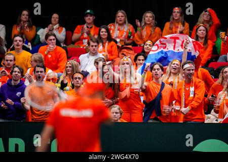 Groningen, Netherlands. 02nd Feb, 2024. GRONINGEN, NETHERLANDS - FEBRUARY 2: Dutch supporters cheer during day 1 of the 2024 Davis Cup Qualifiers match between Netherlands and Switzerland at the Martiniplaza on February 2, 2024 in Groningen, Netherlands. (Photo by Rene Nijhuis/BSR Agency) Credit: BSR Agency/Alamy Live News Stock Photo